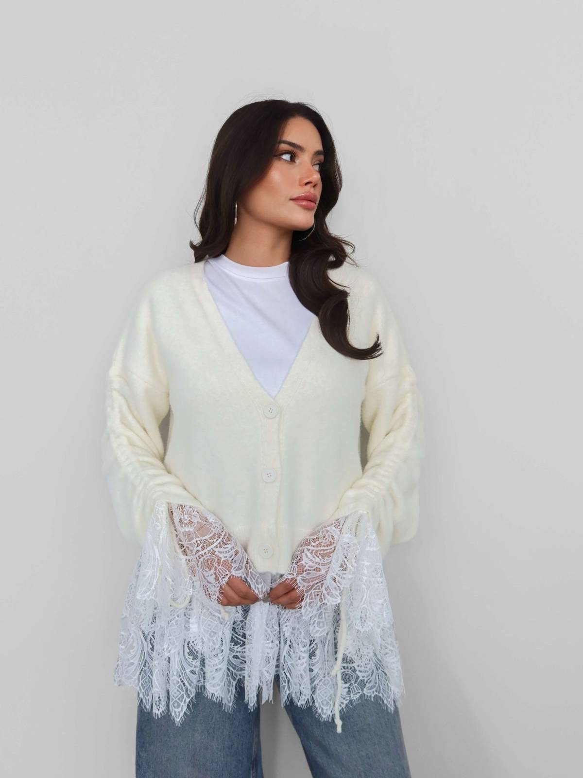 Lace Detail Gathered Sleeve Knit Cardigan — photograph 2