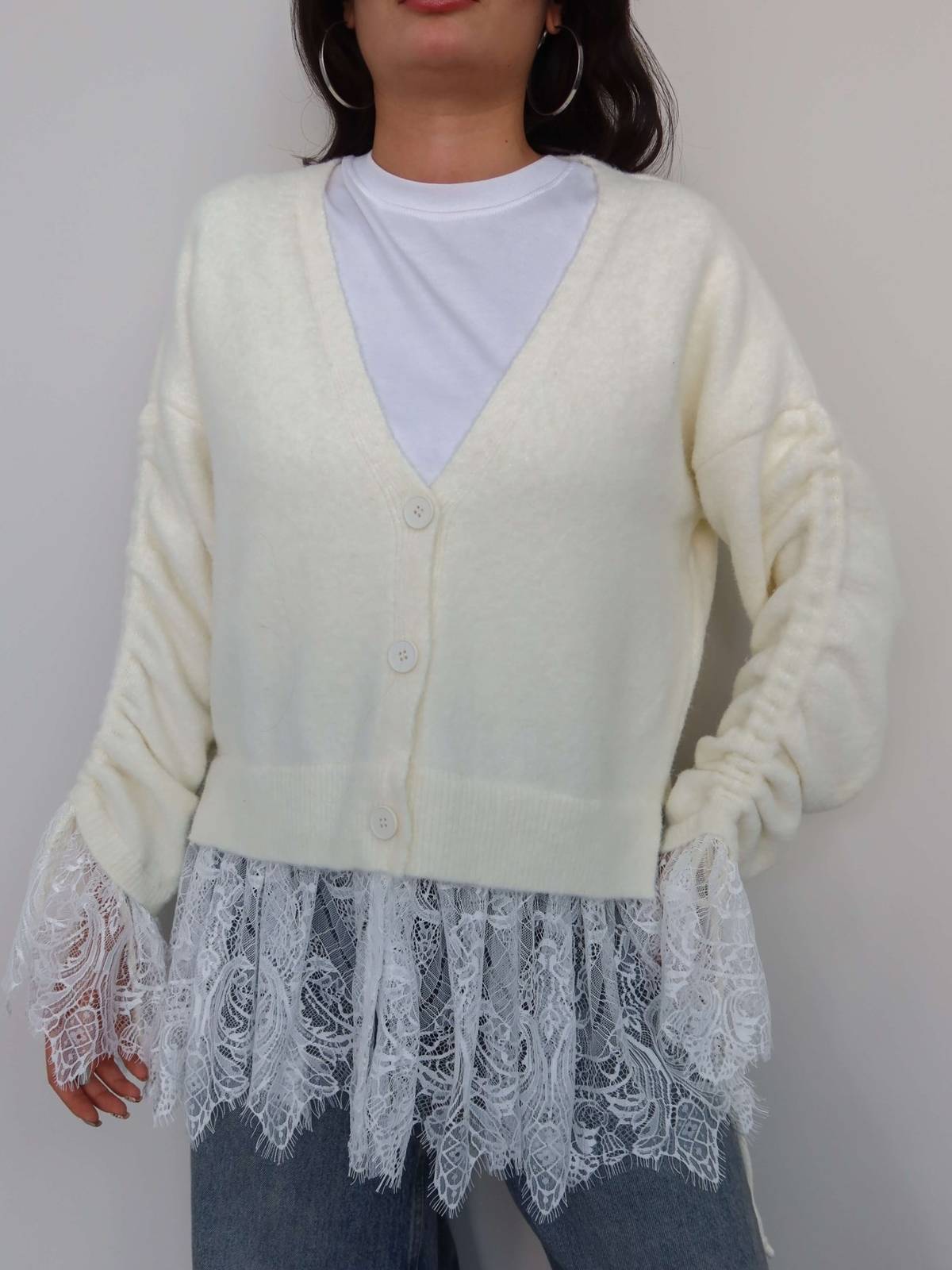 Lace Detail Gathered Sleeve Knit Cardigan — photograph 3