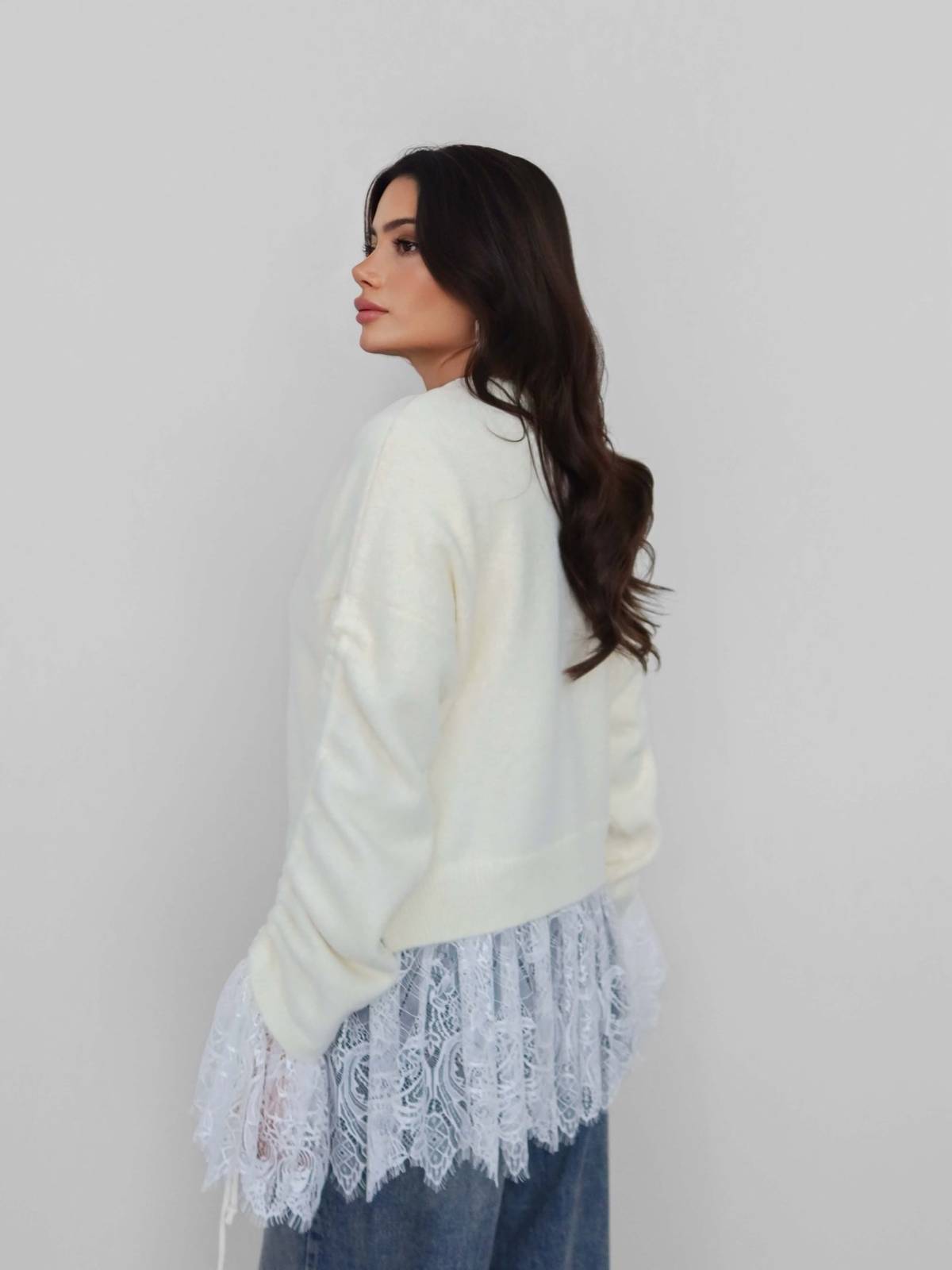 Lace Detail Gathered Sleeve Knit Cardigan — photograph 5