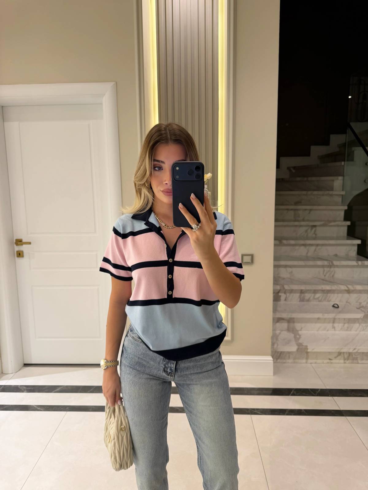 Striped Polo Collar Knit Jumper