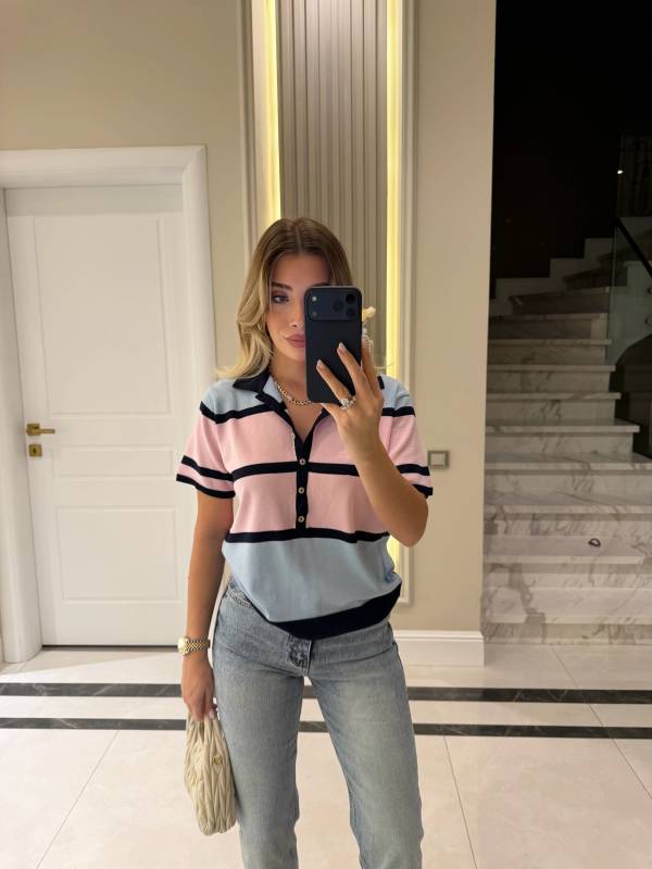 Striped Polo Collar Knit Jumper