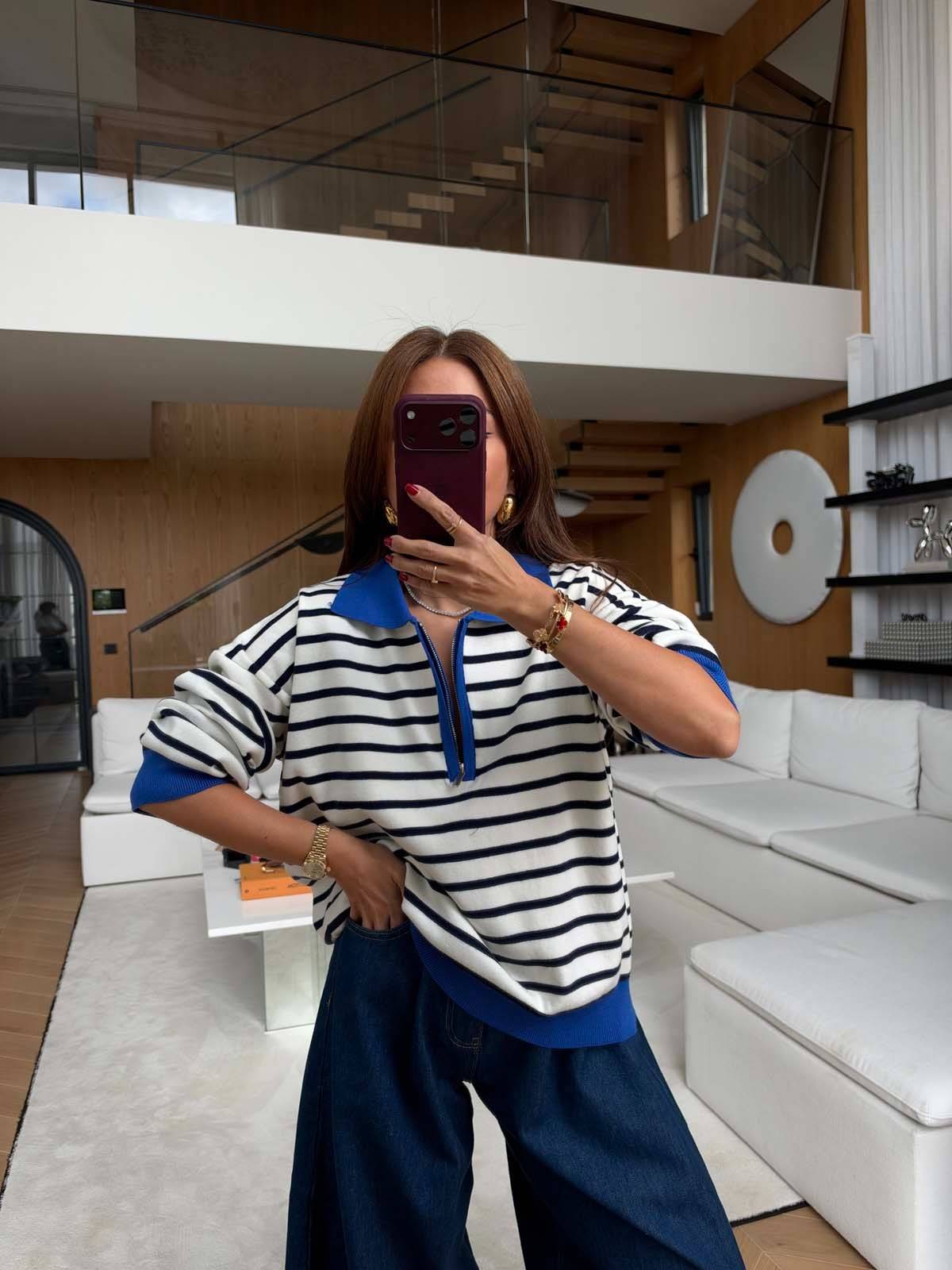 Zip Collar Striped Colour Knit Jumper