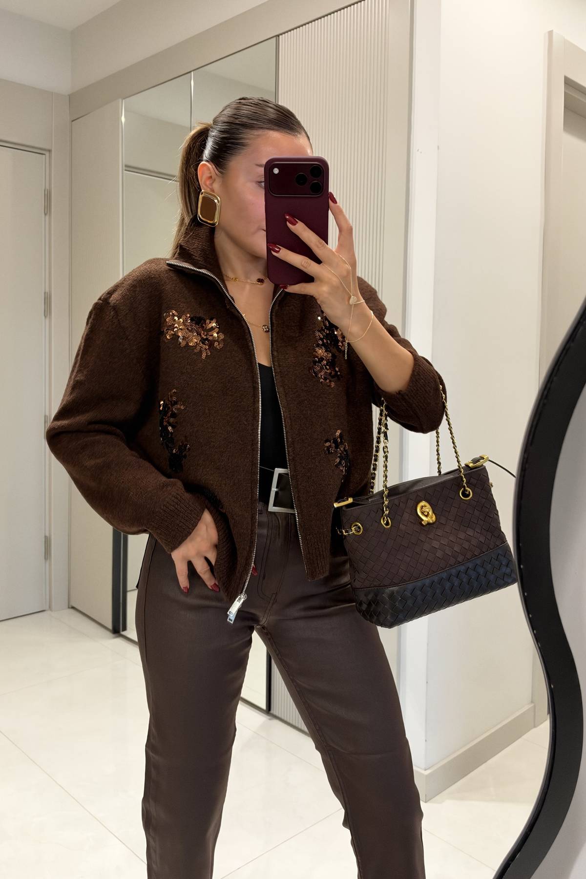 Senta Brown Sequin Floral Embroidered Zip Knit Cardigan — photograph 2