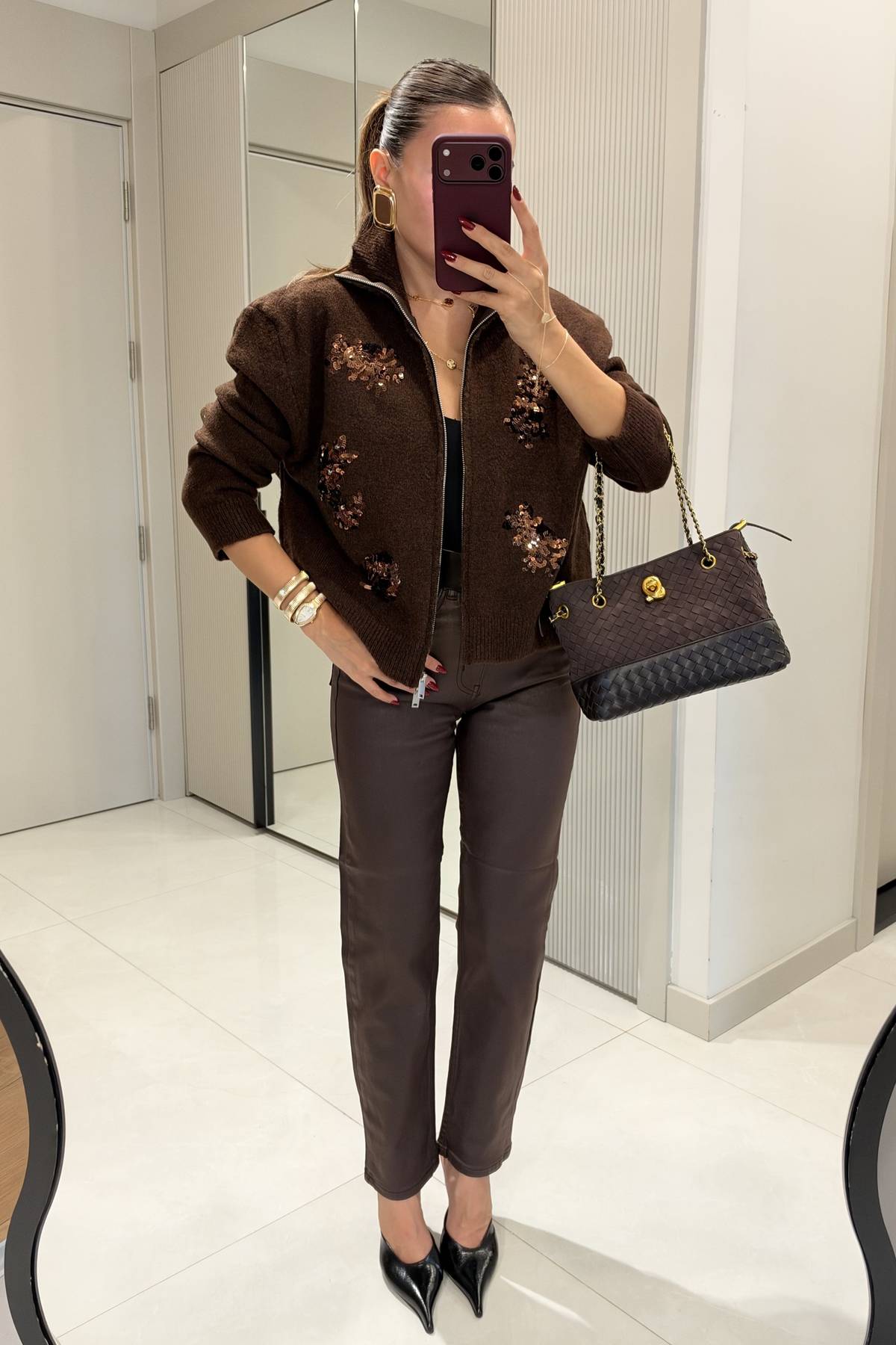 Senta Brown Sequin Floral Embroidered Zip Knit Cardigan — photograph 3