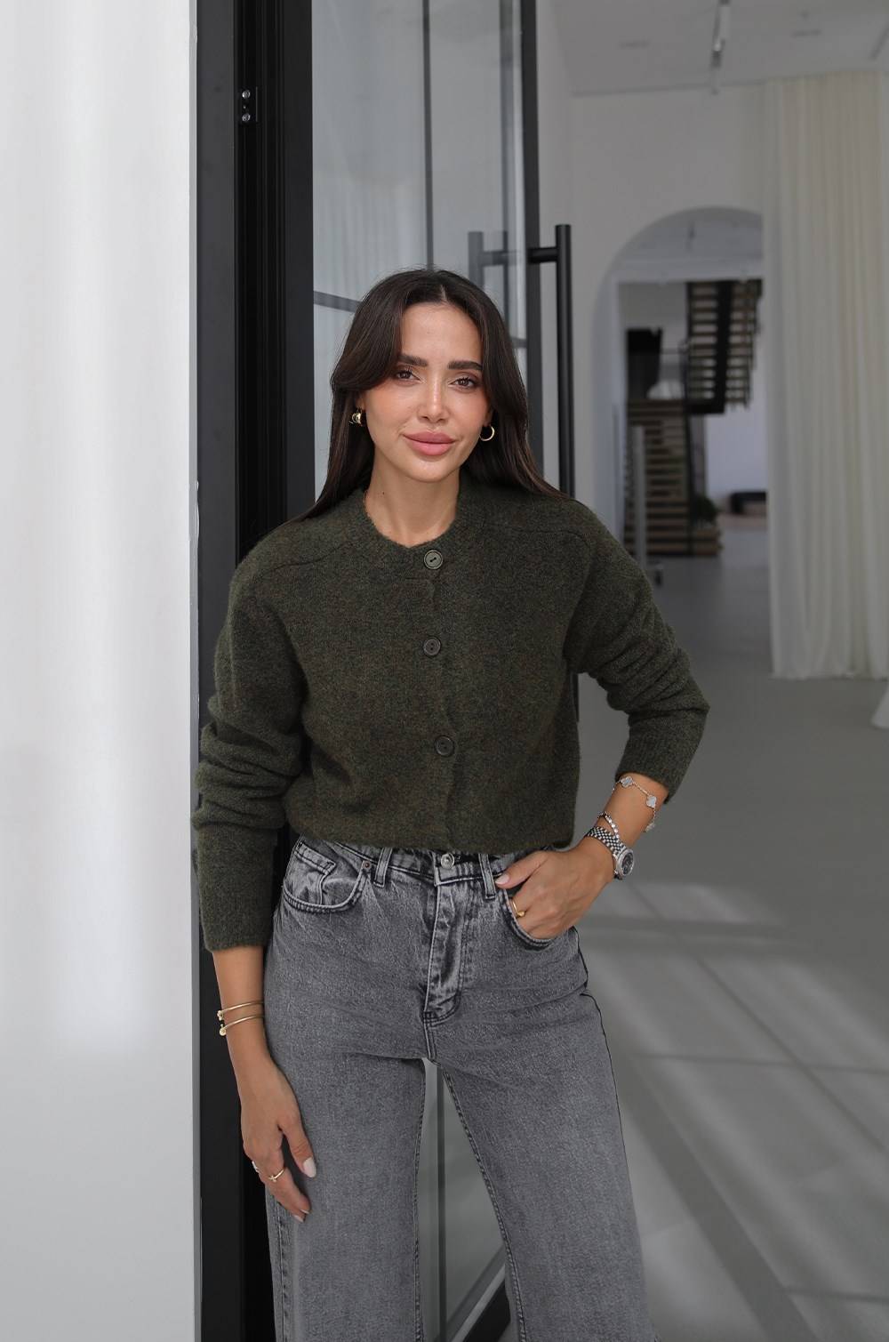 Khaki Ilya Textured Knit Cardigan — photograph 2