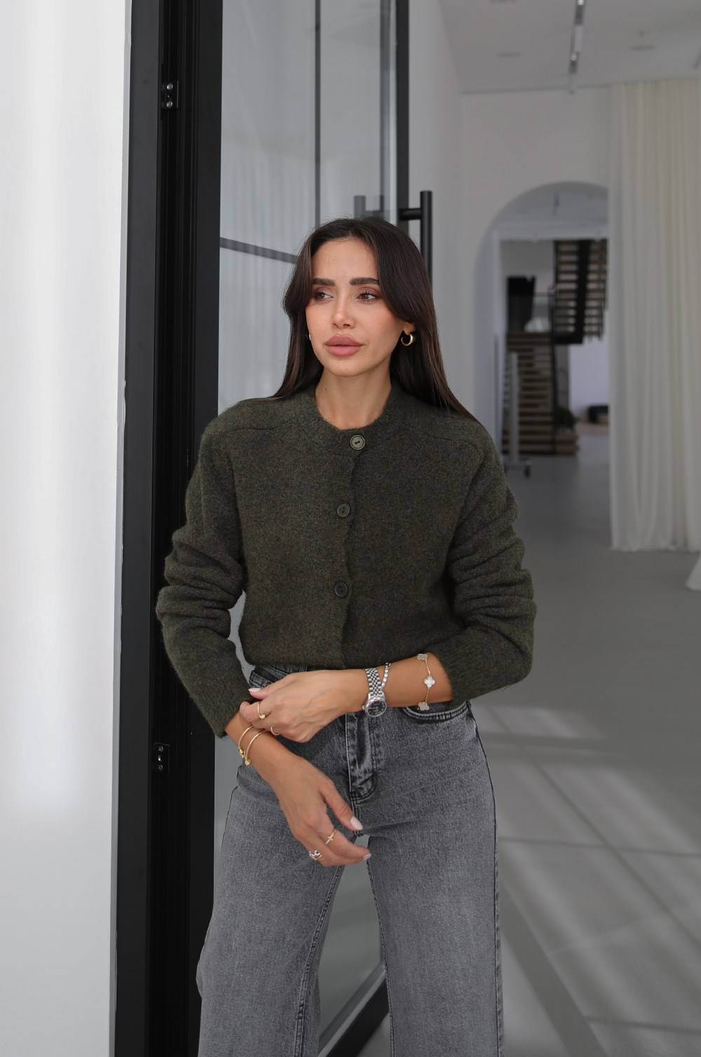 Khaki Ilya Textured Knit Cardigan — photograph 3