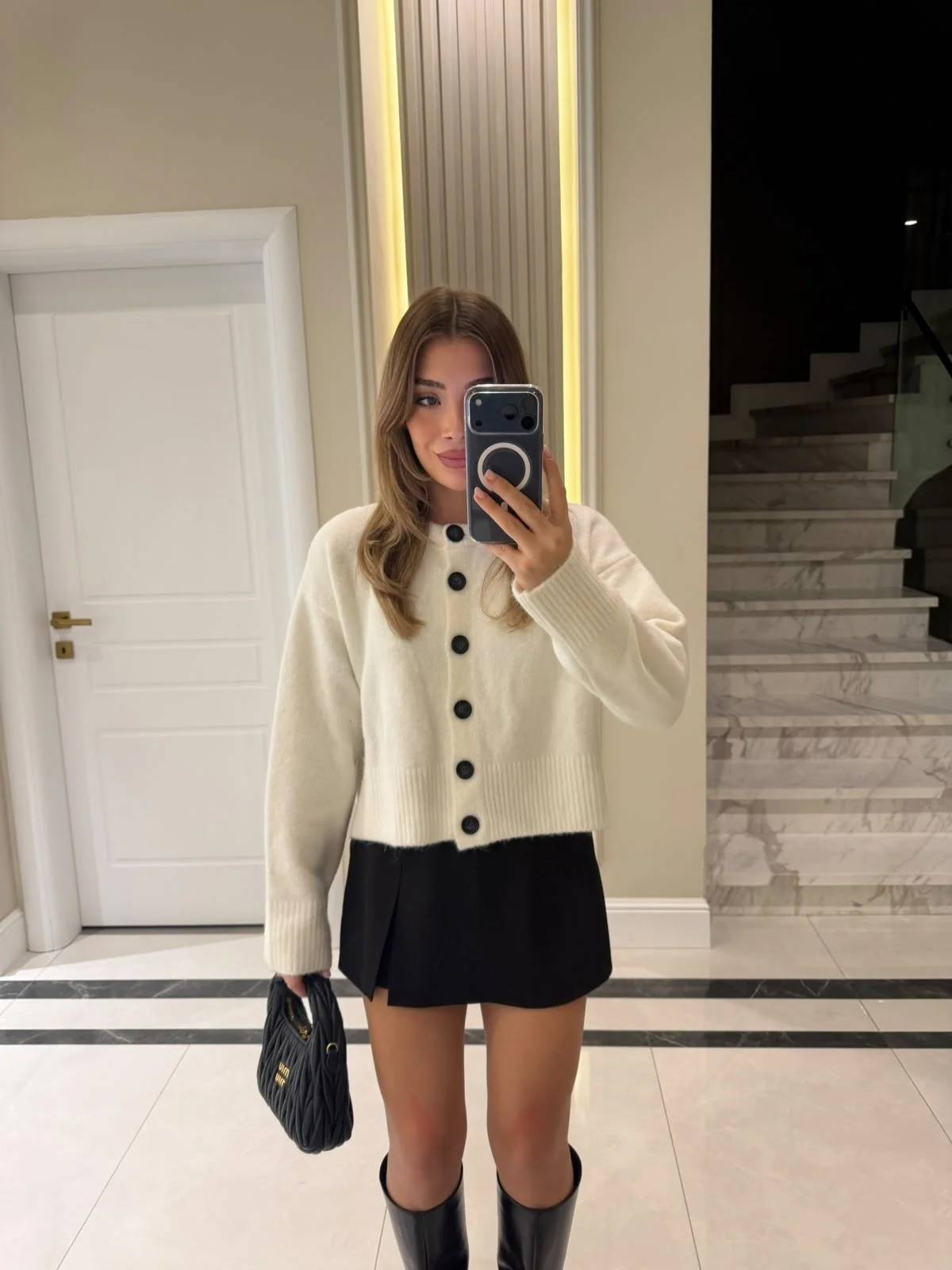 Stand Collar Button Soft Knit Split Cardigan