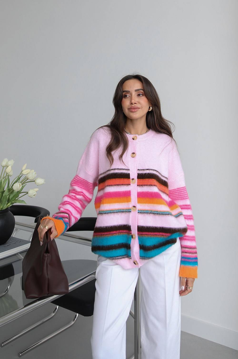 Pink Vael Striped Button Cardigan — photograph 3
