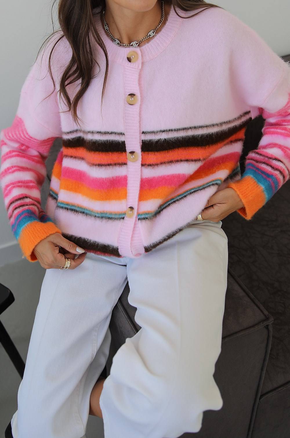 Pink Vael Striped Button Cardigan — photograph 4