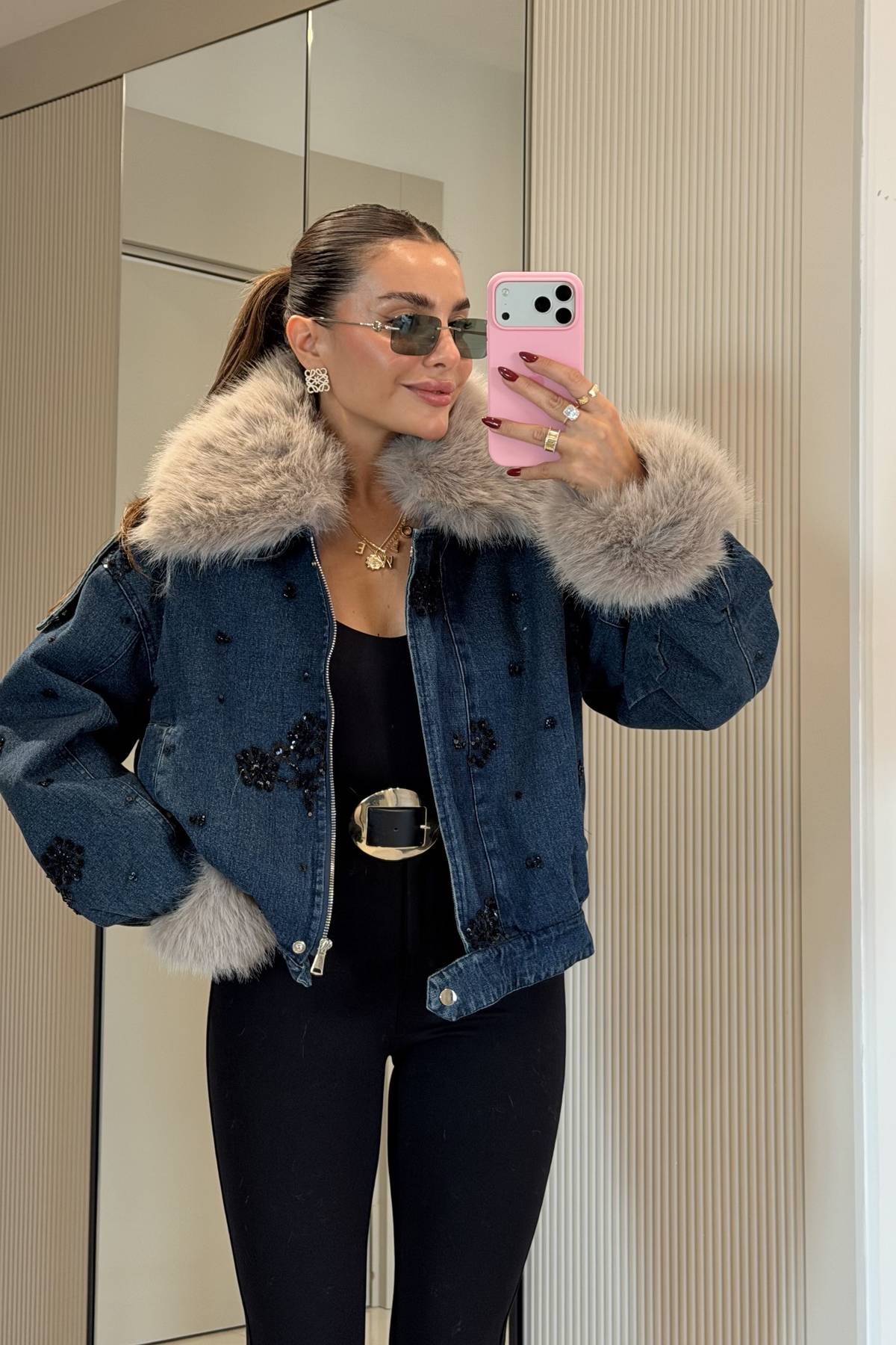 Kyra Fur Collar Stone Embellished Premium Coat