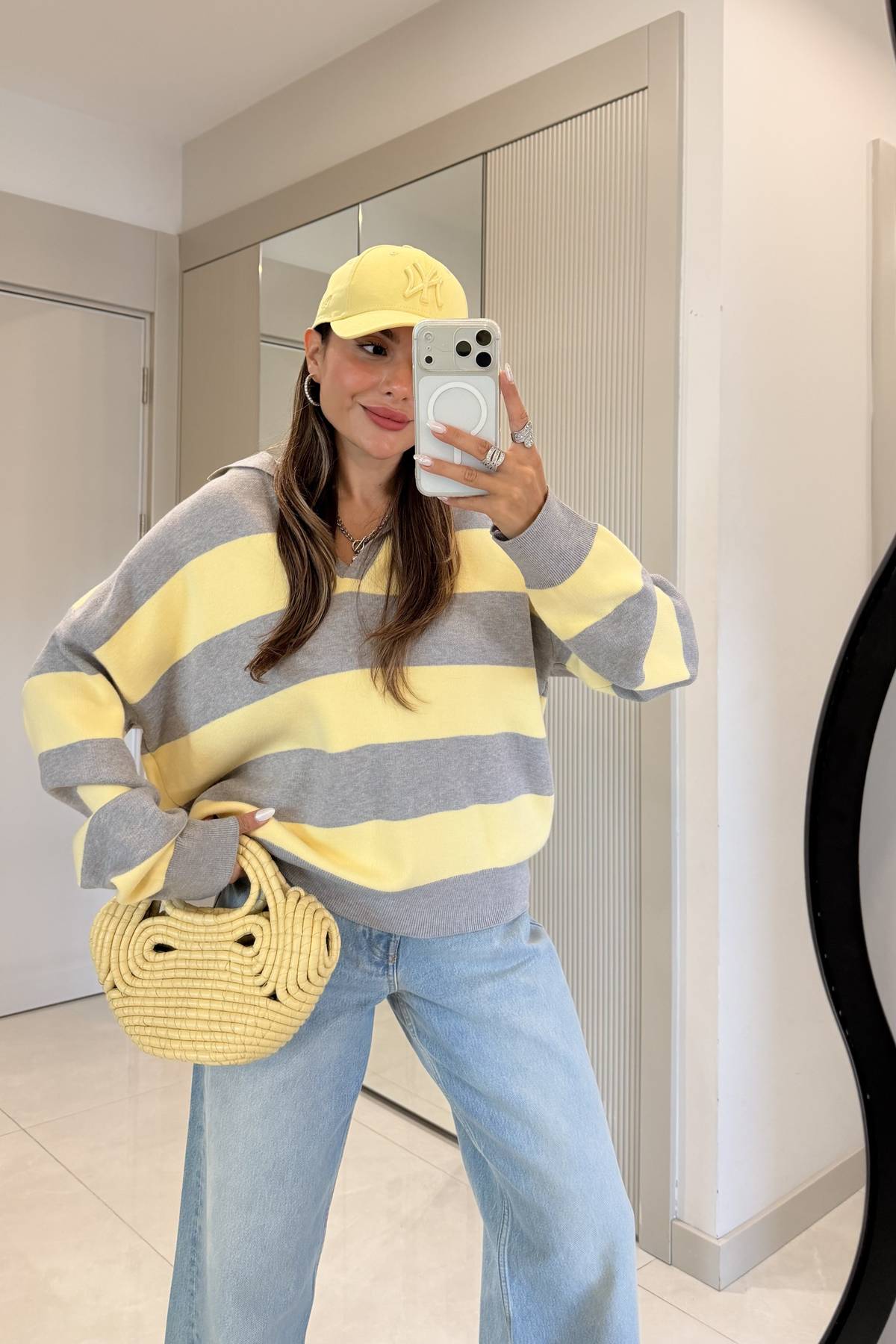 Yellow Blok Striped Polo Collar Jumper
