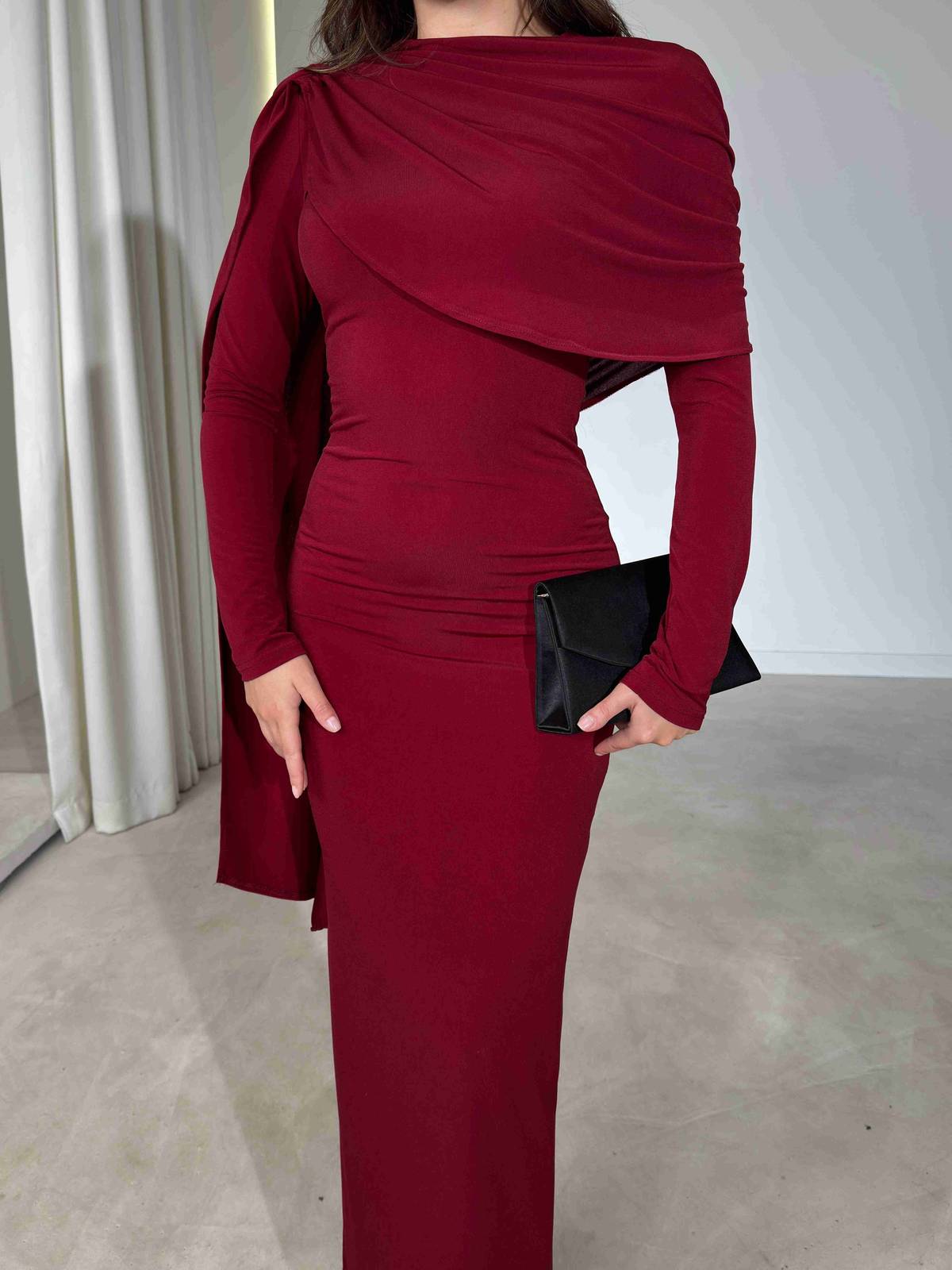 Half Cape Attached Shawl Maxi Ovire Dress
