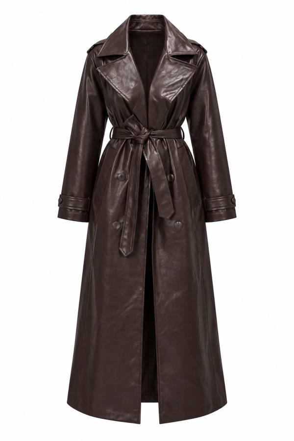 Brown Long Leather Trench Coat