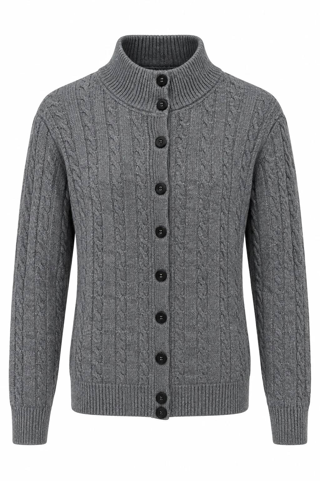 Charcoal High Neck Cable Knit Cardigan — photograph 2