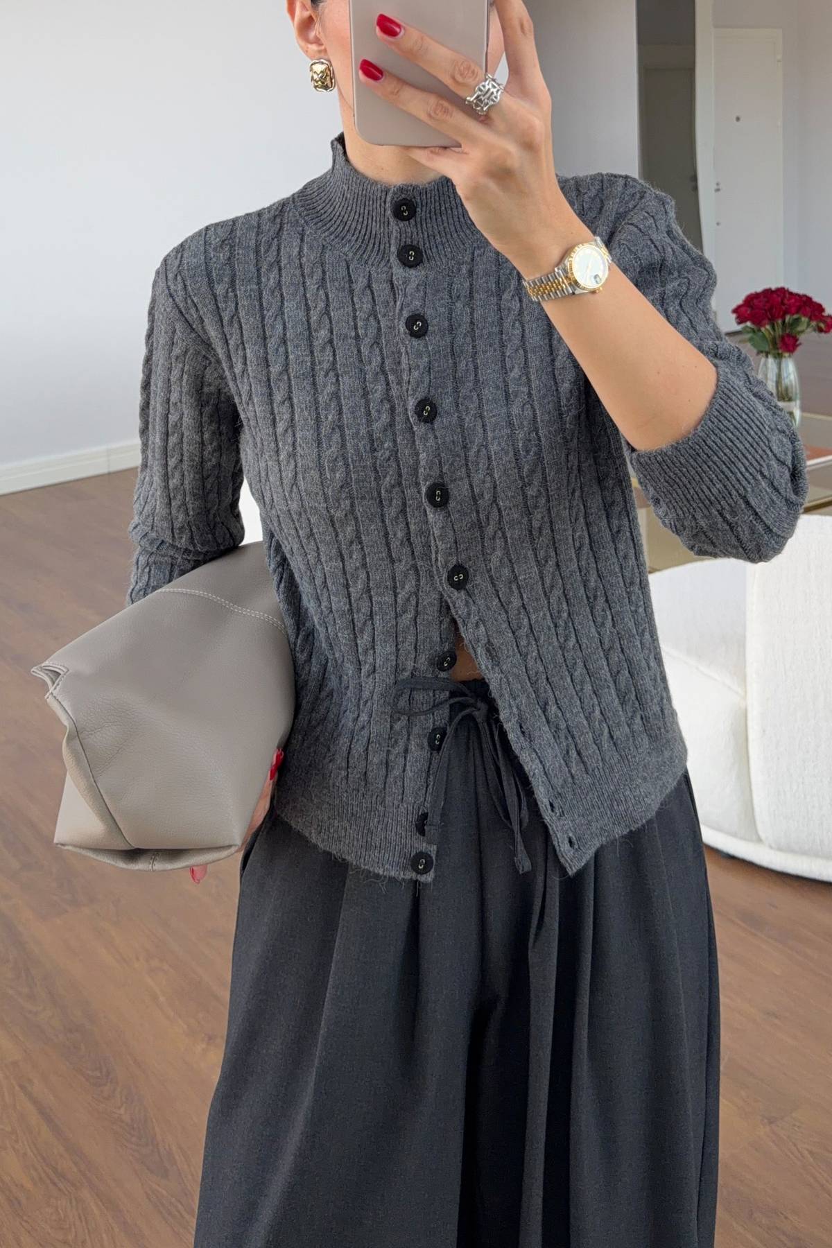 Charcoal High Neck Cable Knit Cardigan — photograph 3