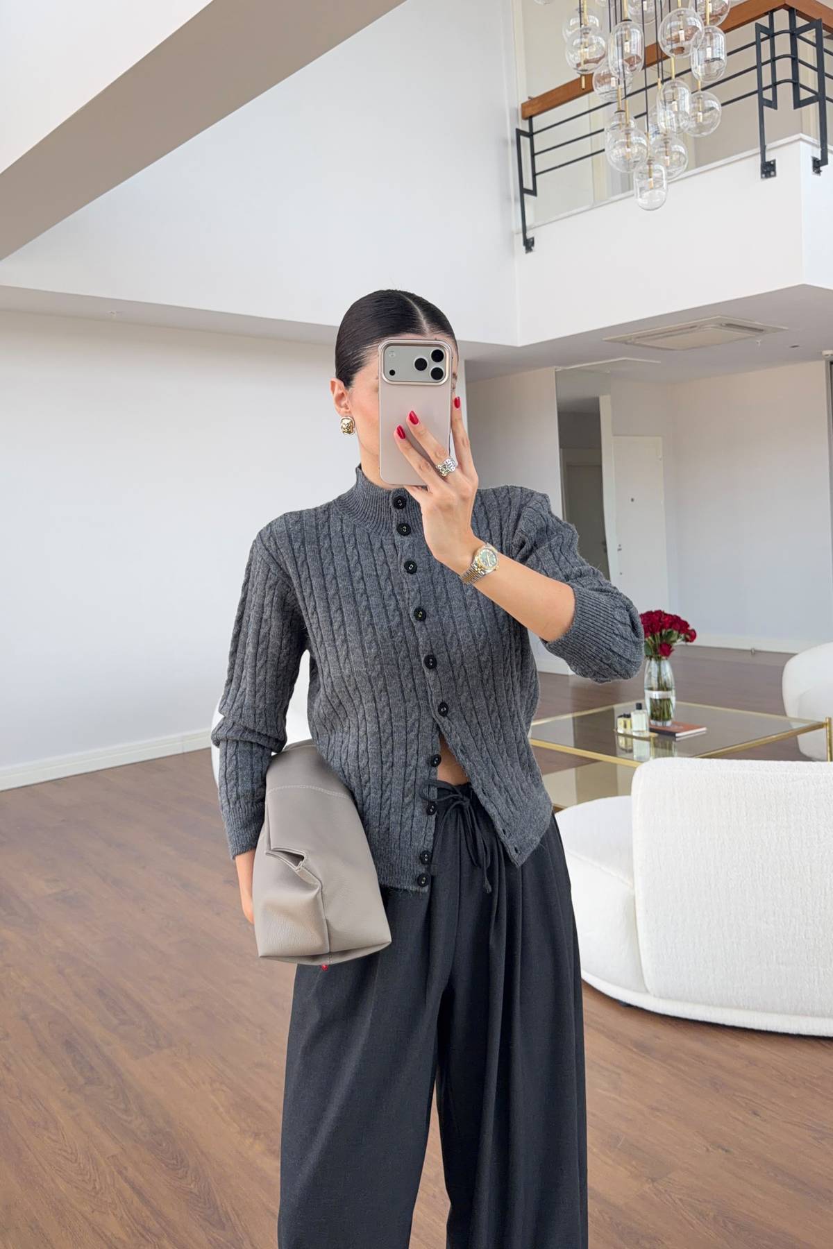 High Collar Cable Knit Cardigan