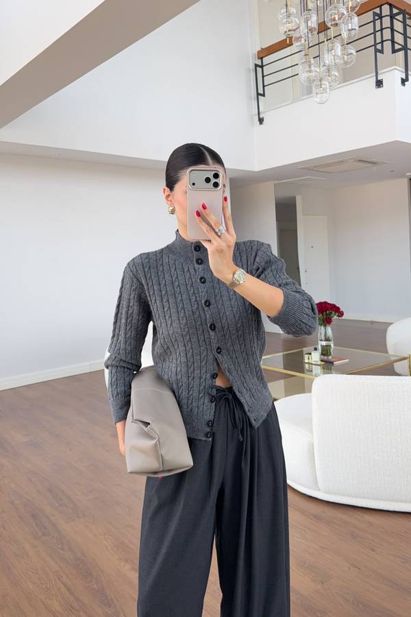 High Collar Cable Knit Cardigan