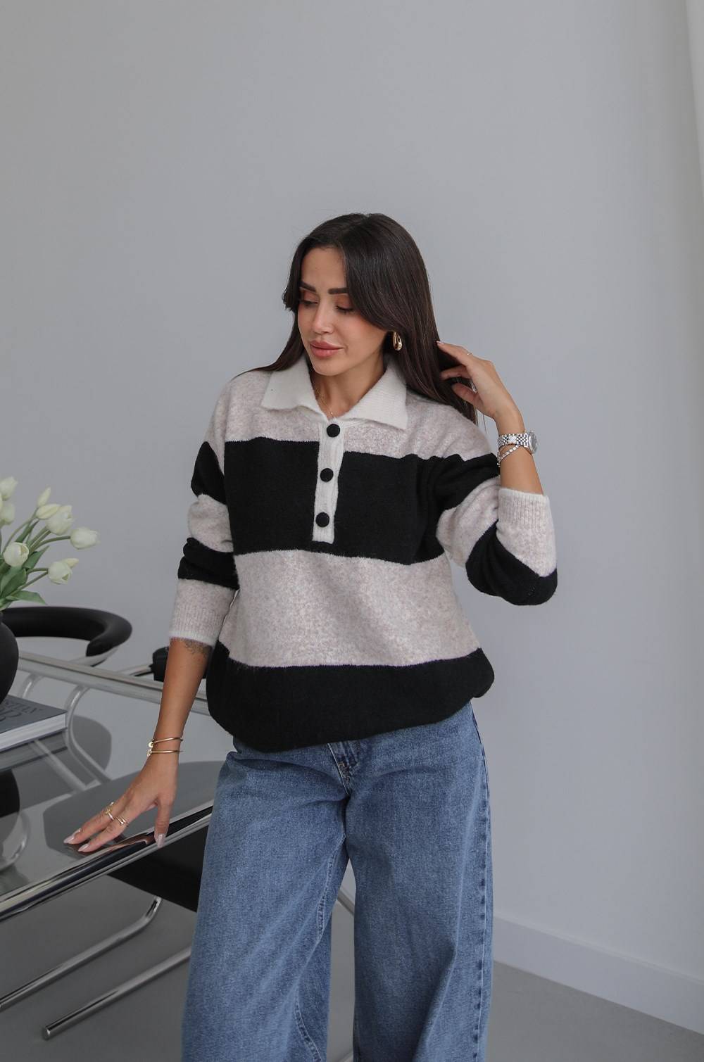 Nora Striped Polo Neck Jumper