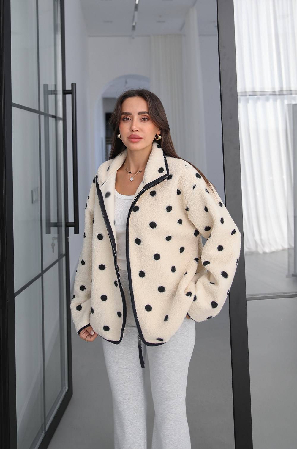 Ecru Puantiye Patterned Zip Polar Jacket — photograph 3