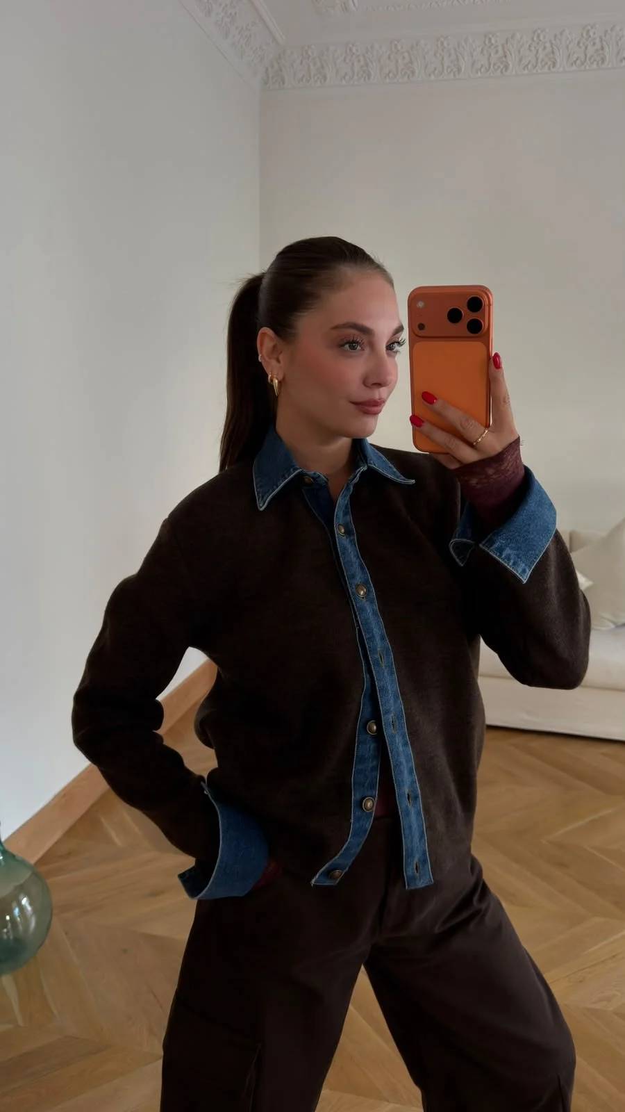 Polo Neck Denim Detail Cardigan
