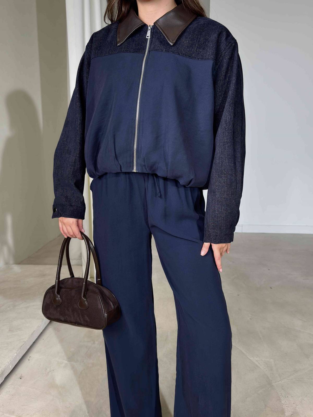 Leather Collar Zip Front Koner Two Piece Set