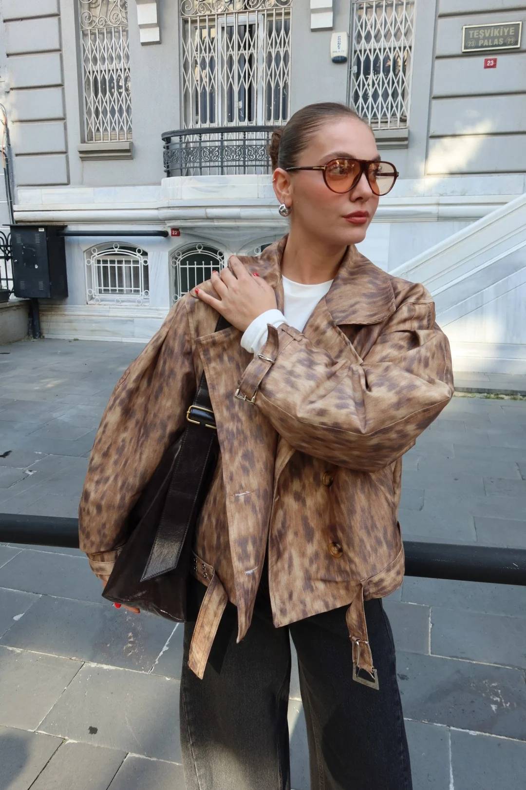 Brown Leopard Print Wrap Belted Jacket — photograph 2