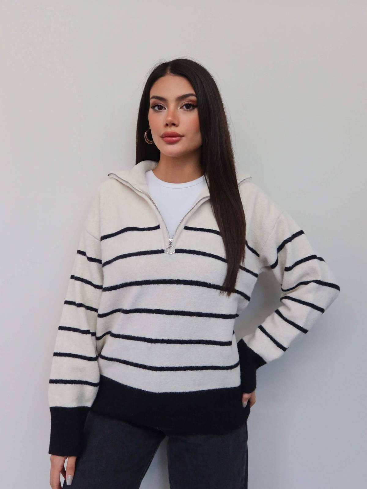 Half Zip Striped Knit Jumper — photograph 5