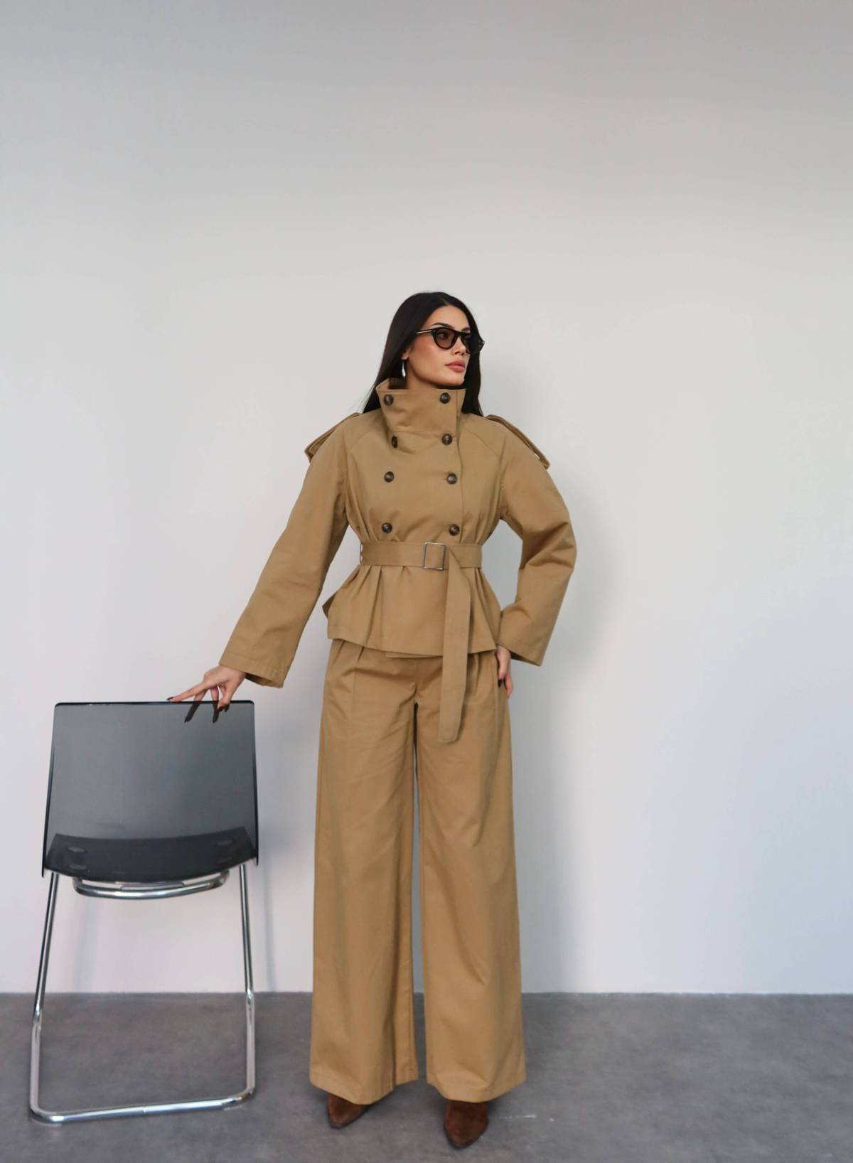 Belted Button Jacket And Trousers Set