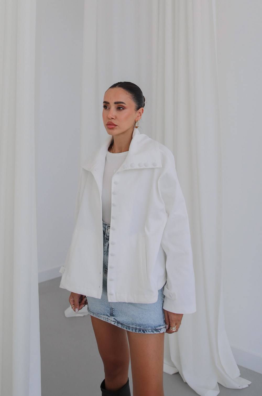 Covered Button High Neck Jacket — photograph 2