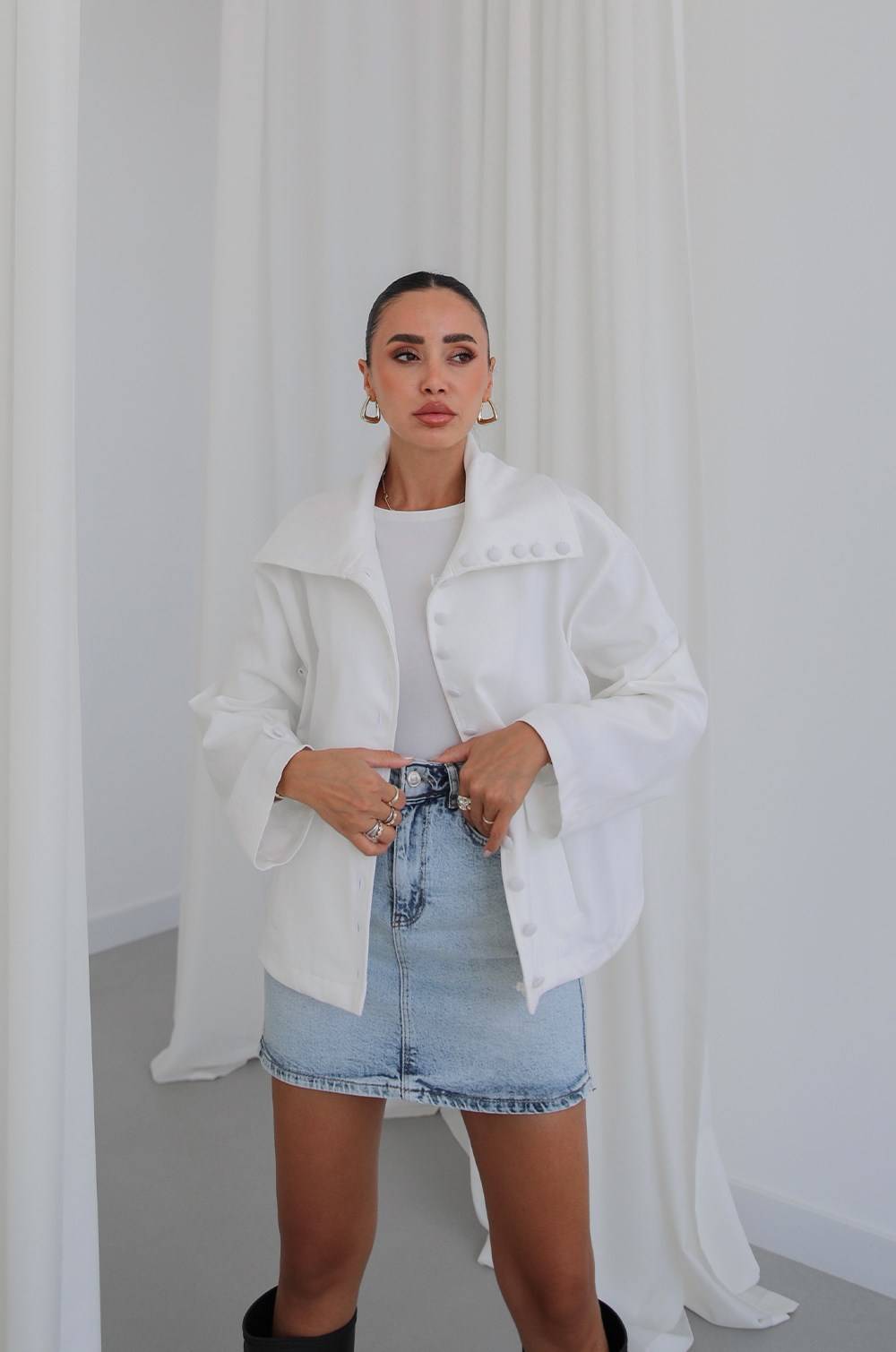 Covered Button High Neck Jacket — photograph 3