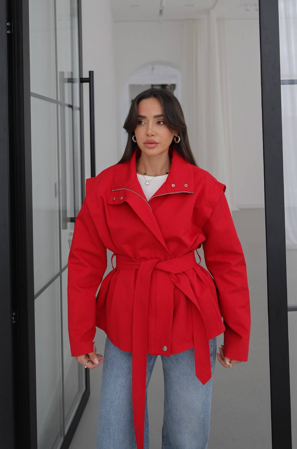 Red Belted Zip Trench Coat — photograph 2