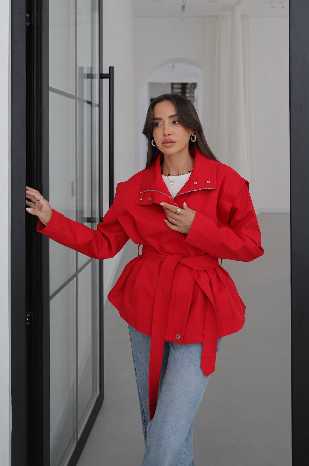 Red Belted Zip Trench Coat — photograph 3