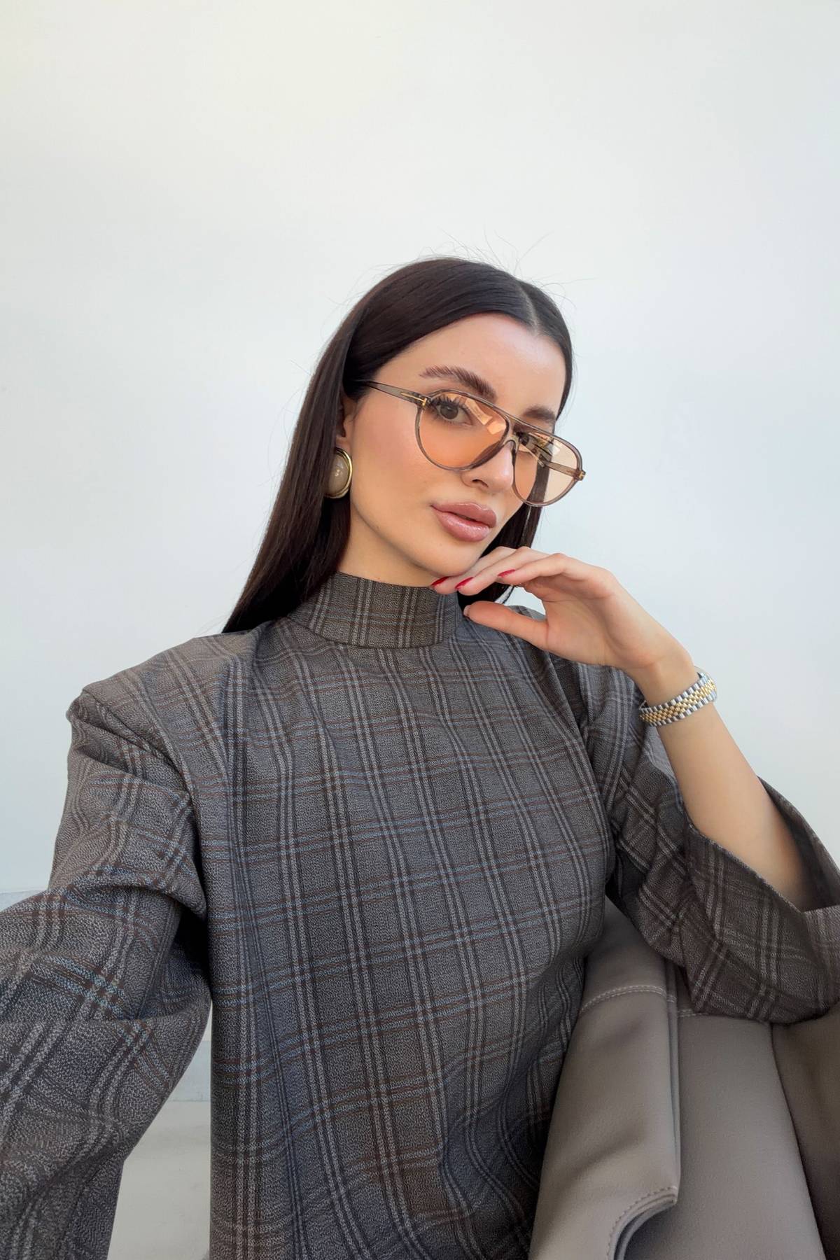 Oversized Shoulder Pad Plaid Blouse