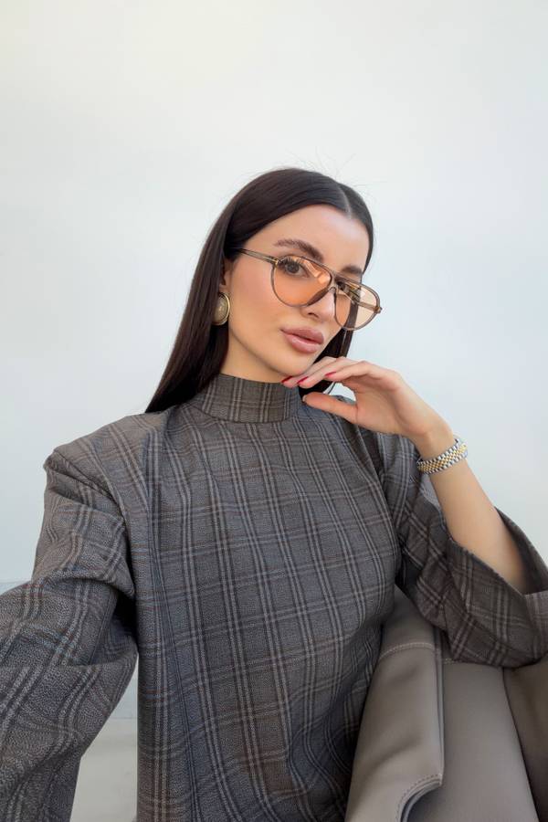 Oversized Shoulder Pad Plaid Blouse