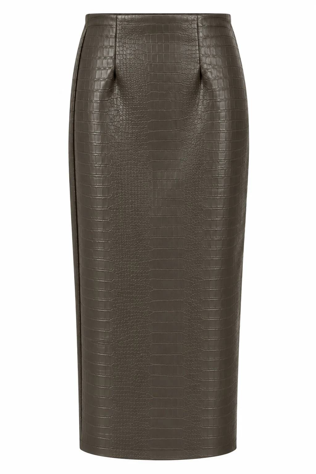 Khaki Croc Textured Leather Kalem Skirt — photograph 2