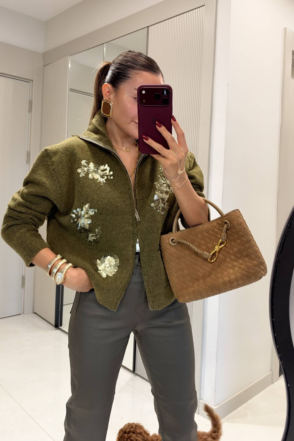 Senta Khaki Sequin Floral Embroidered Zip Knit Cardigan — photograph 3
