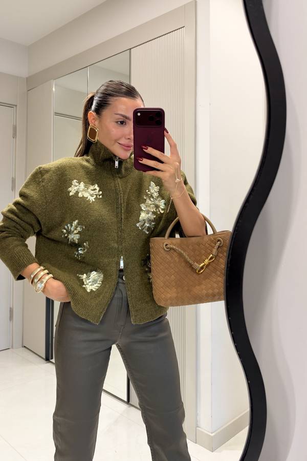 Senta Sequin Floral Embroidered Zip Knit Cardigan