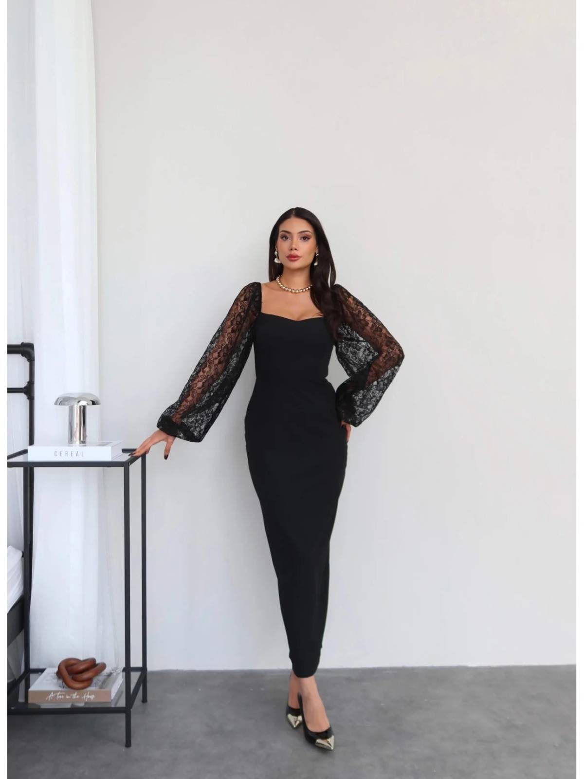 Square Neck Lace Sleeve Midi Dress