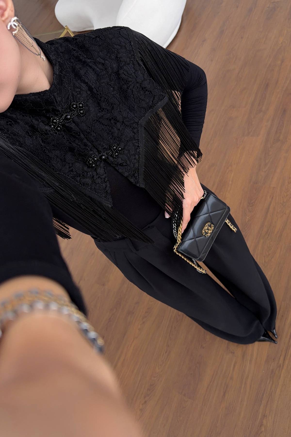 Lace Texture Fringed Cropped Poncho Blouse — photograph 3