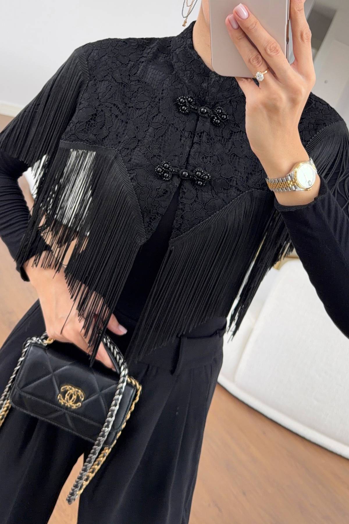 Lace Texture Fringed Cropped Poncho Blouse — photograph 4