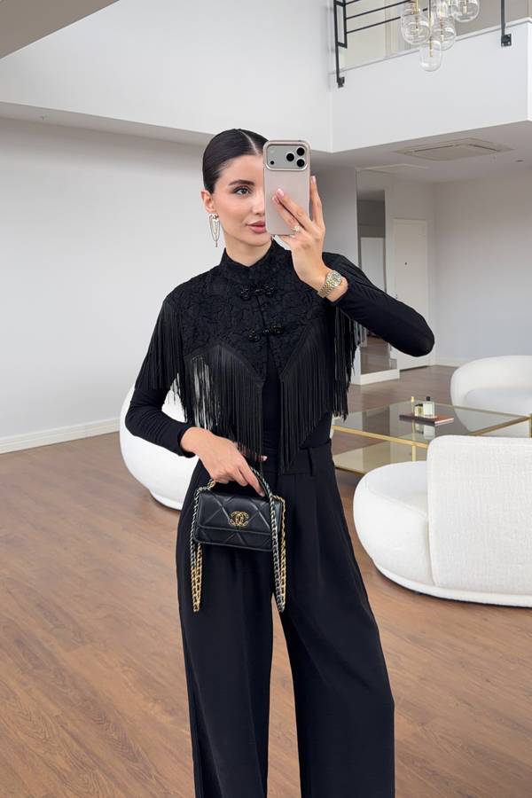 Lace Texture Fringed Cropped Poncho Blouse