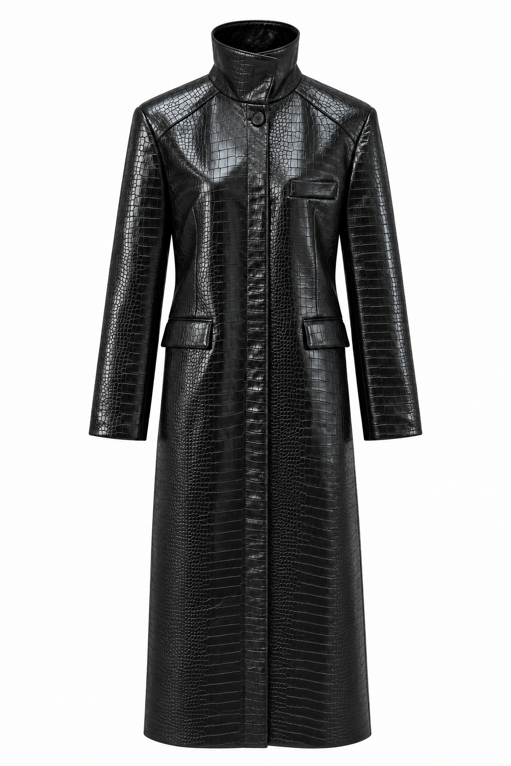 Black Croco Textured High Neck Leather Trench Coat — photograph 2