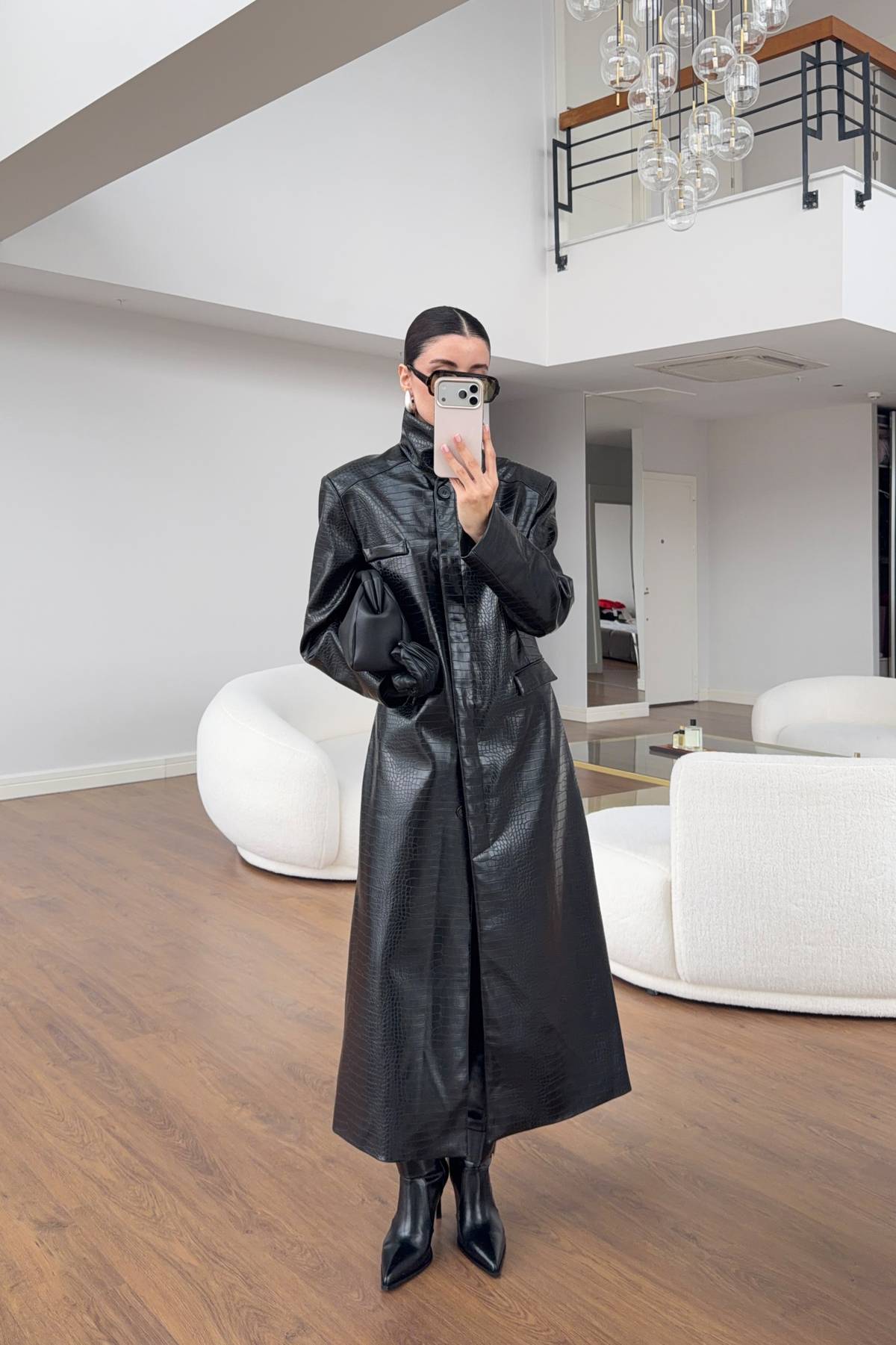 Croco Texture High Collar Leather Trench