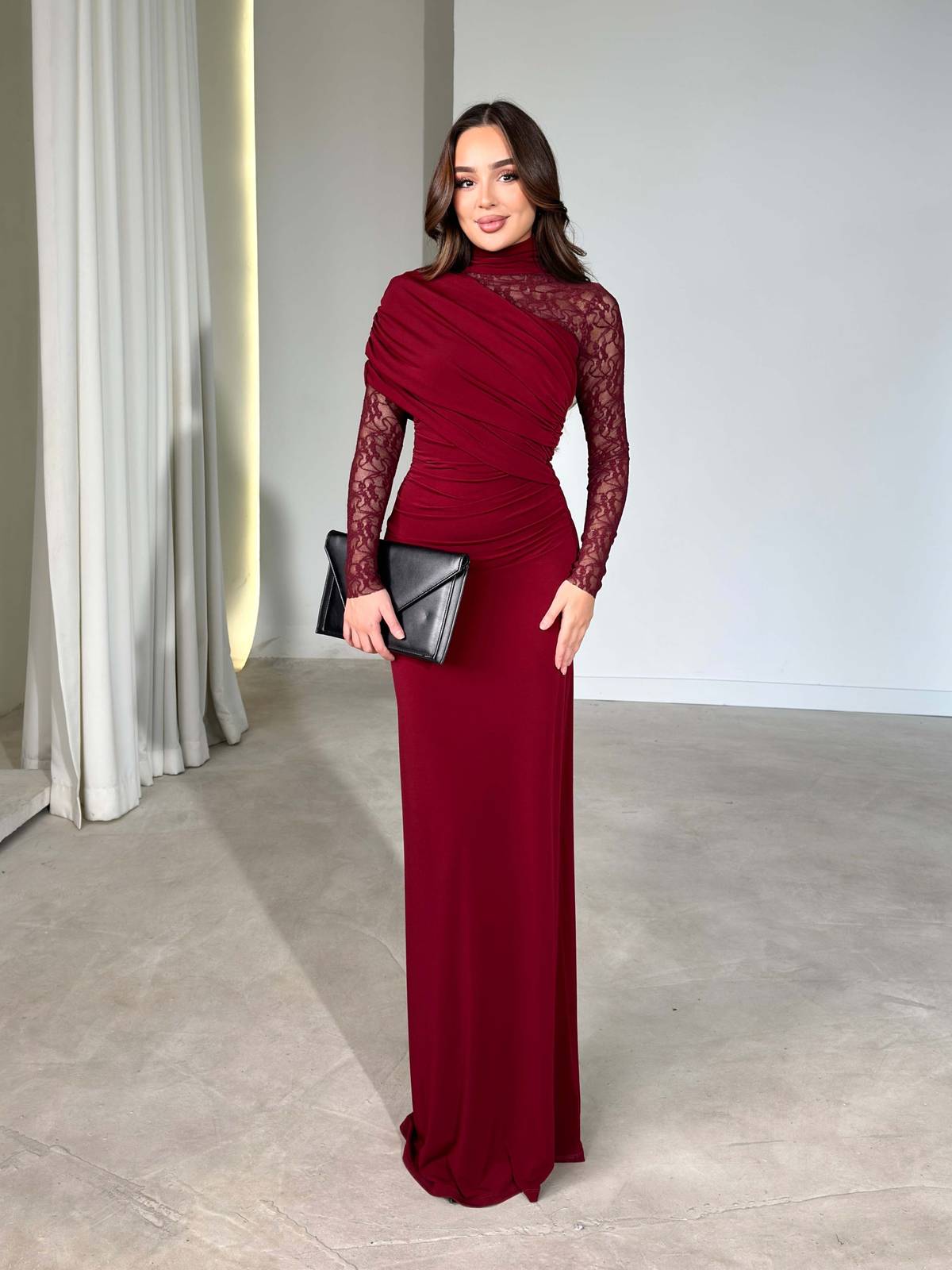 Side Draped Lace Detail Maxi Length Burgundy Moana Dress — photograph 2
