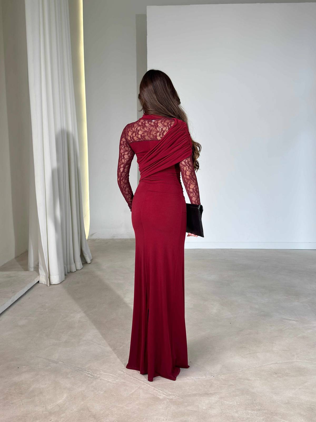 Side Draped Lace Detail Maxi Length Burgundy Moana Dress — photograph 3