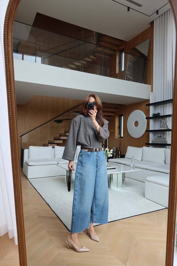 Shoulder Pad High Collar Plaid Blouse