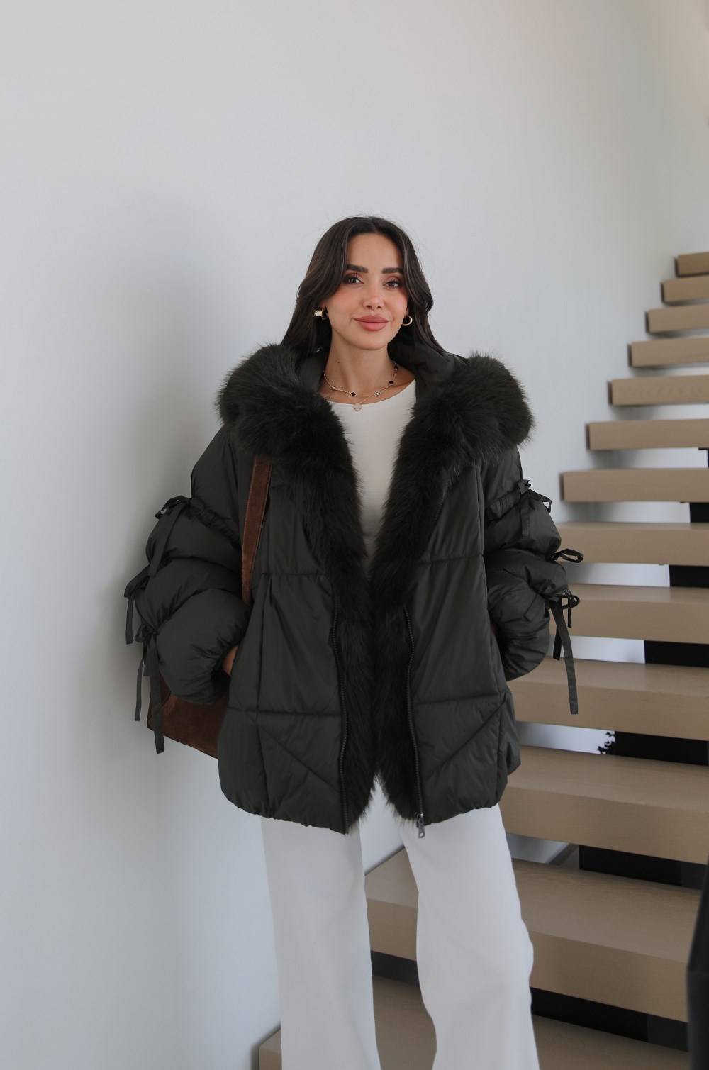 Drawstring Sleeve Detail Fur Trimmed Coat