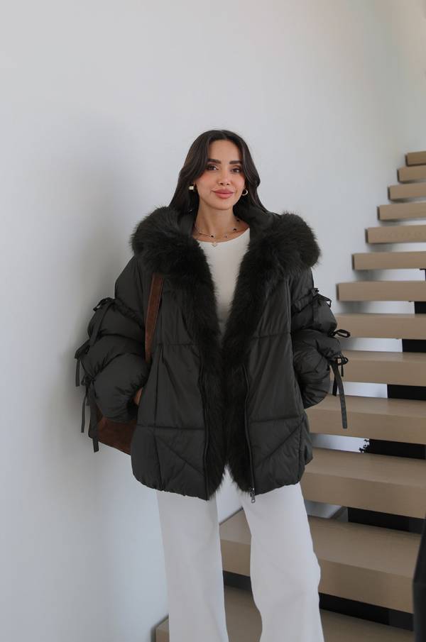 Drawstring Sleeve Detail Fur Trimmed Coat