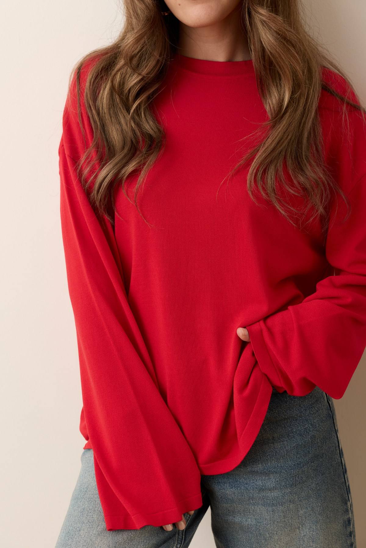 Red Crew Neck Oversized Bell Knit — photograph 2