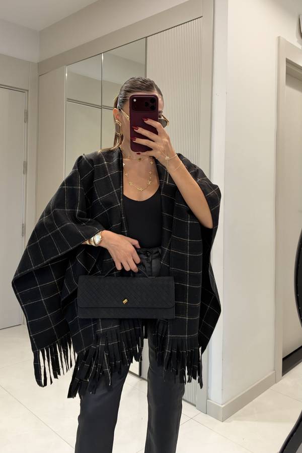 Liora Plaid Tassel Poncho